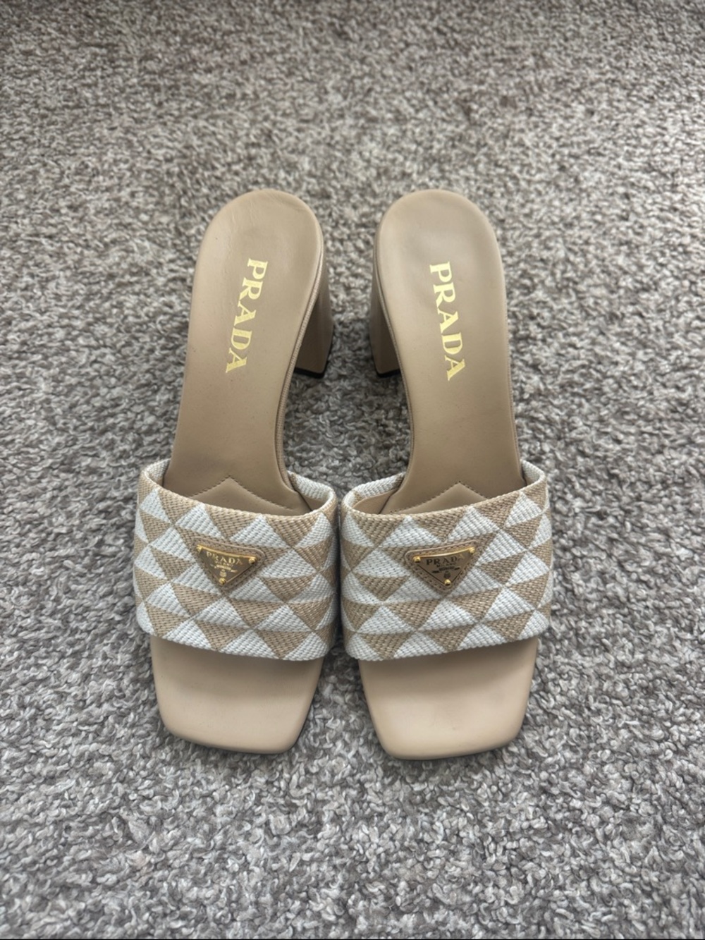 Prada Beige and Cream Geometric Canvas Block Heel Mules